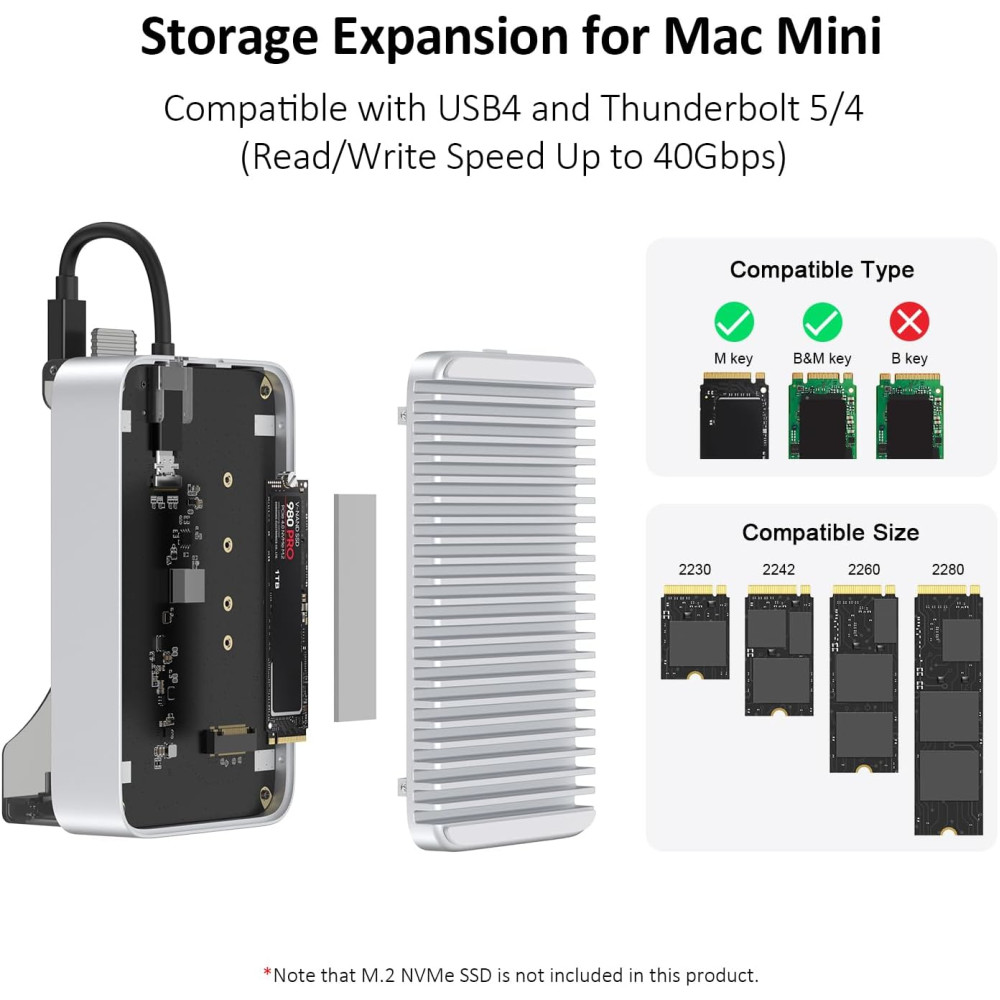 Хаб подставка Qwiizlab MC61 для Mac mini M4 M4 Pro NVMe SSD Thunderbolt 40Gbps